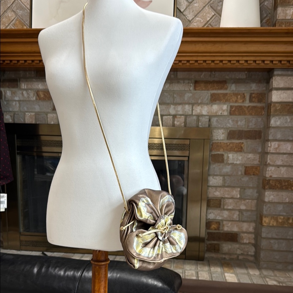 Gold / Taupe and White Handmade Painted Crossbody Bag with Ruched Design
